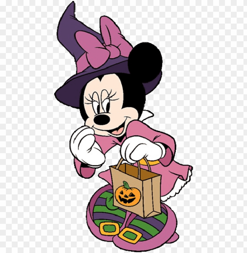 Minnie Mouse dressed as a witch for Halloween, holding a pumpkin-themed trick-or-treat bag.