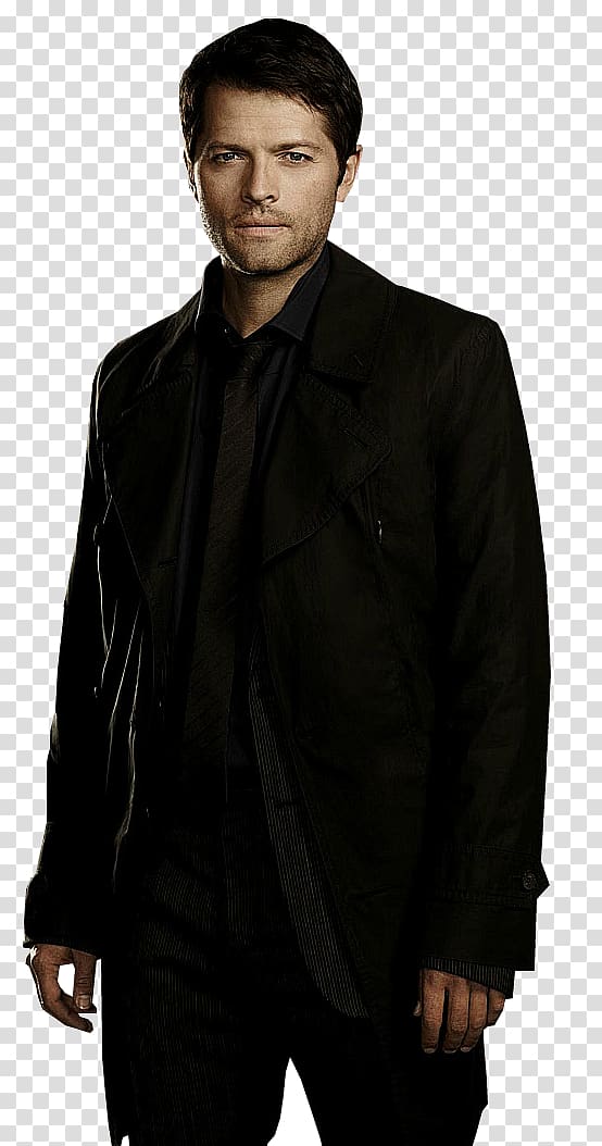 Man in black trench coat and suit, serious expression, studio portrait on transparent background.