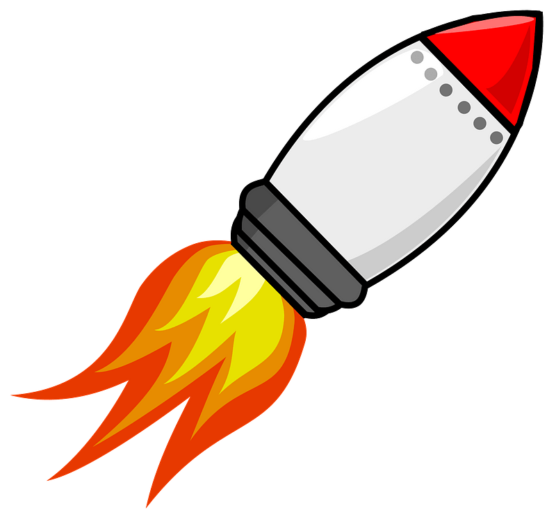 A cartoon-style rocket launching with bright orange and yellow flames trailing behind.