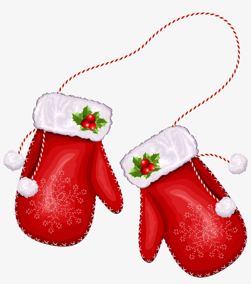 Festive red Christmas mittens with white fur trim, holly berries, snowflake embroidery, and a red-and-white string for hanging.