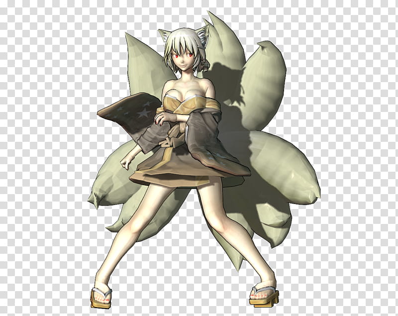Anime-style female kitsune character with white hair, red eyes, nine large fox tails, and traditional Japanese attire including geta sandals.