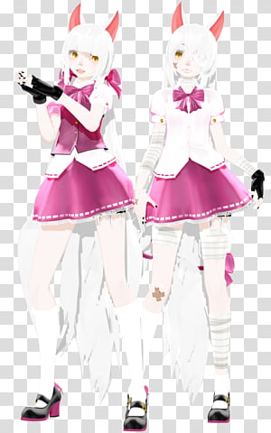 Two anime-style white-haired girls with pink cat ears, wearing matching pink and white maid outfits, posing with expressive gestures.