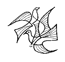 Black-and-white line drawing of two stylized birds in flight, interwoven with flowing wings and linear patterns.