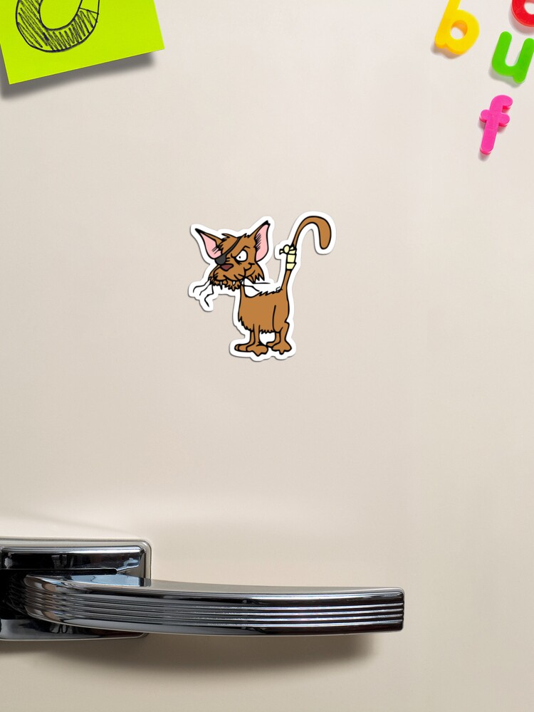 Cartoon one-eyed brown cat with bandaged tail and torn ear, stuck on a fridge door among colorful magnets.