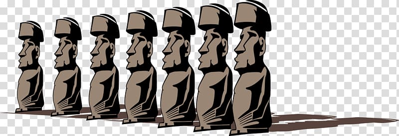 Seven stylized Moai statues in a row, each wearing a pukao (red stone hat), rendered in monochrome brown tones with shadows.