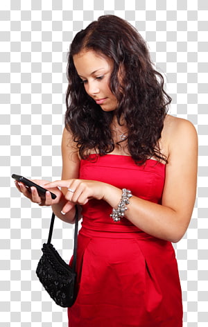 Woman in red dress using smartphone, holding black clutch, wearing silver bracelet and ring.
