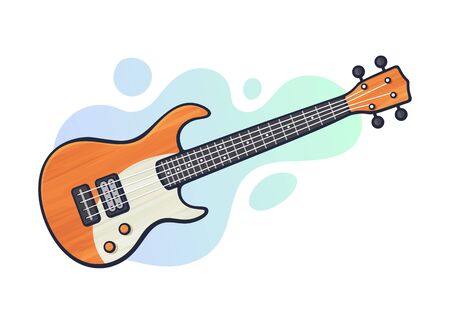 Orange electric bass guitar with white pickguard and blue-green abstract background.