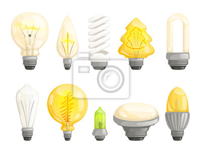 Collection of various light bulb types including incandescent, LED, CFL, and specialty shapes like tree and flame.