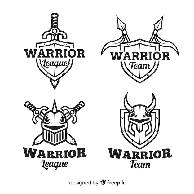 Four black-and-white warrior-themed logos featuring shields, swords, helmets, and text like "Warrior League" and "Warrior Team".