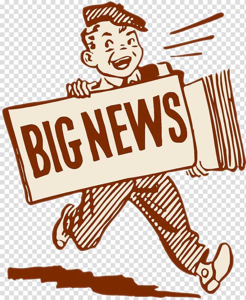 Vintage-style boy running with a "BIG NEWS" sign, smiling and shouting.