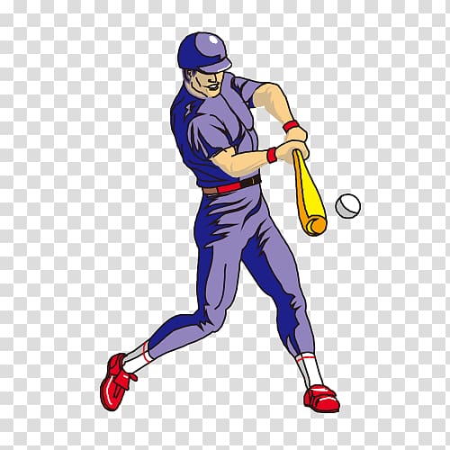 Cartoon baseball player in purple uniform swinging yellow bat at white ball.