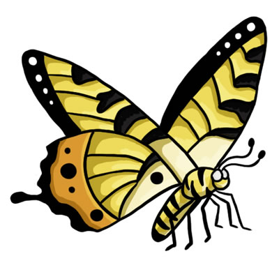 Vibrant yellow and black striped butterfly with orange hindwing spots, illustrated in cartoon style.