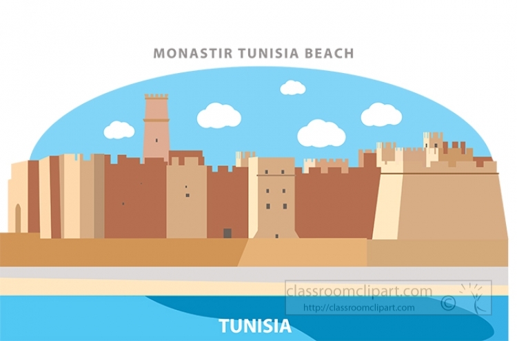Illustrated skyline of Monastir, Tunisia beach with historic fortress walls and towers under a blue sky.