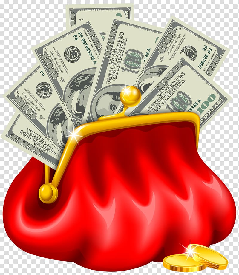 Red satin coin purse overflowing with $100 bills and gold coins, symbolizing wealth and financial abundance.