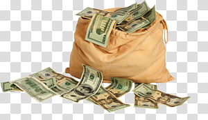 A tan canvas bag overflowing with U.S. dollar bills, some spilling onto a transparent background.