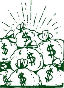 Green line-art illustration of overflowing money bags with dollar signs and a radiant burst above, symbolizing wealth or financial success.