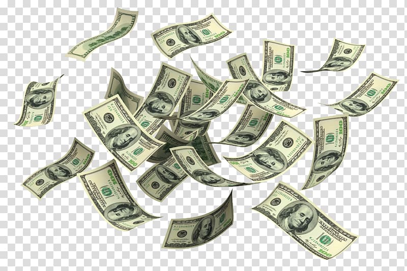 Hundred-dollar bills floating mid-air against transparent background, symbolizing wealth, windfall, or financial success.