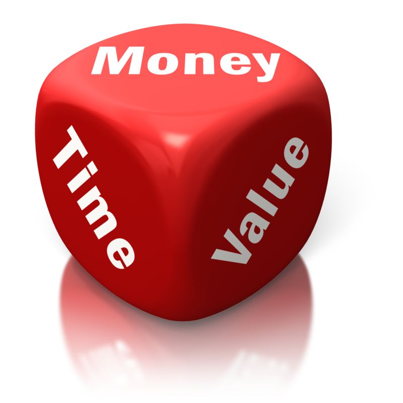 Red die showing three faces labeled Money, Time, and Value-symbolizing key business decision factors.