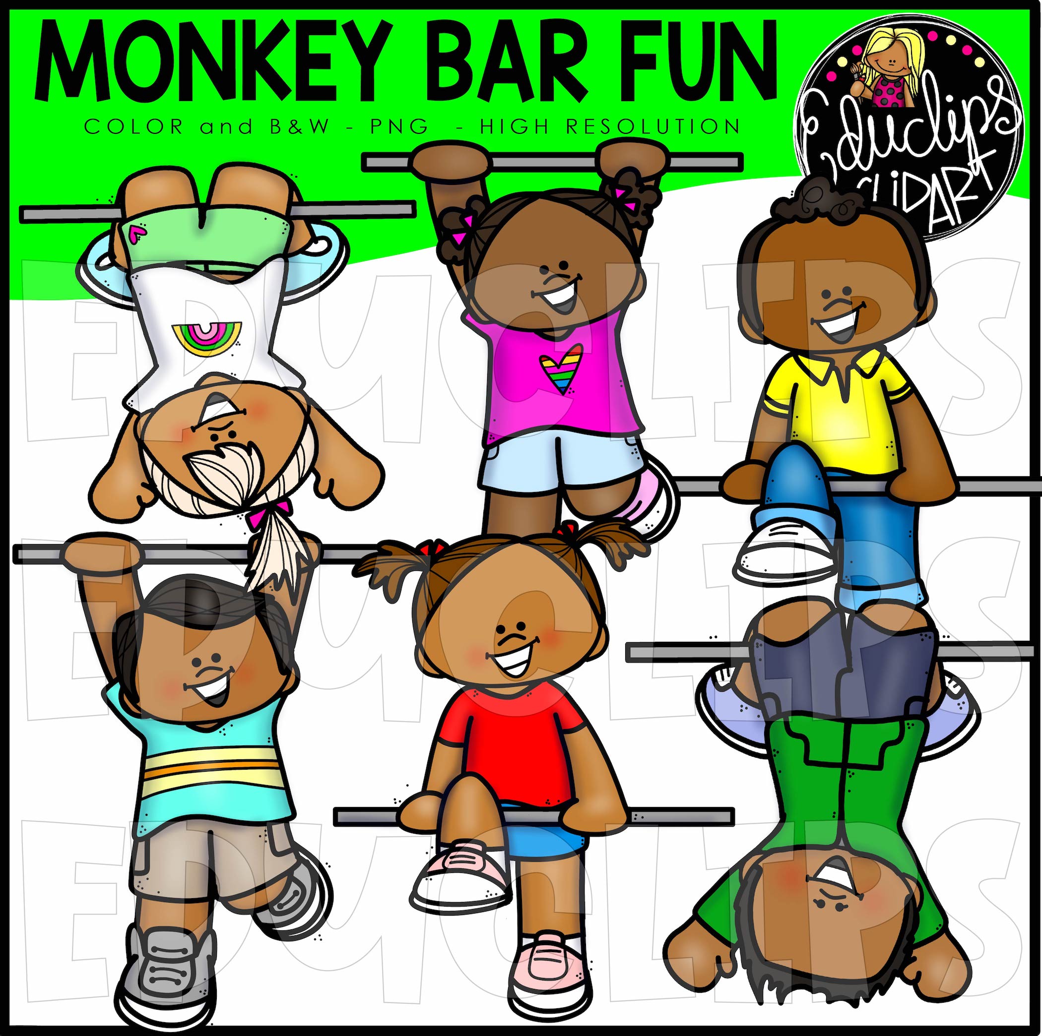 Six diverse cartoon children playing on monkey bars in colorful outfits, smiling and hanging upside down or sitting on bars.