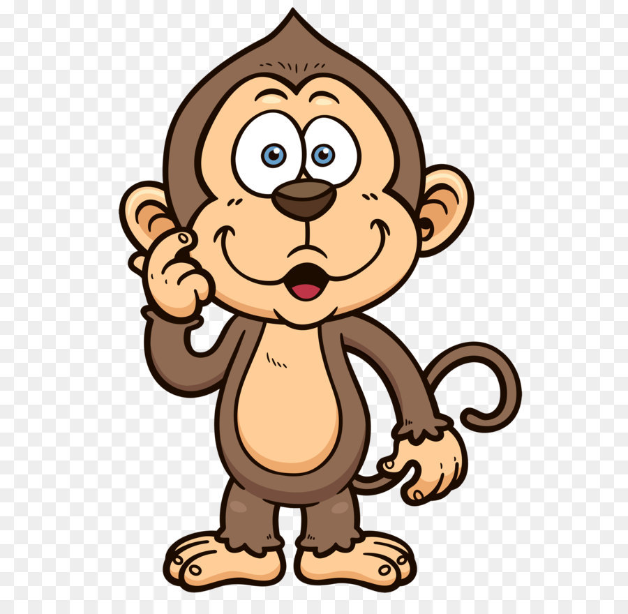 Cheerful cartoon monkey standing upright, pointing thoughtfully with one hand and smiling widely.