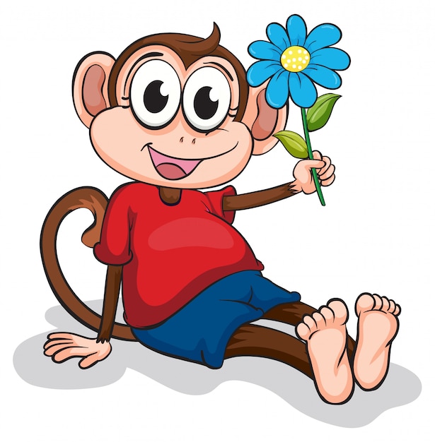 A cheerful cartoon monkey in a red shirt and blue shorts sits barefoot, holding a bright blue flower with a yellow center.