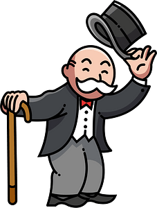 A cheerful cartoon Monopoly man tipping his top hat while holding a cane, dressed in a gray suit and white bow tie.