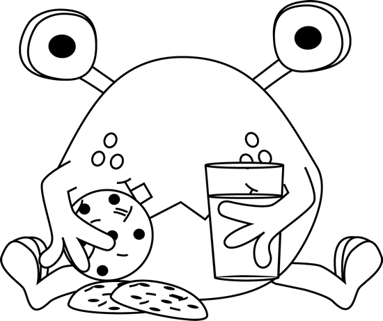 A cartoon alien with large eyes sits cross-legged, eating a cookie and holding a glass of water, with more cookies nearby.