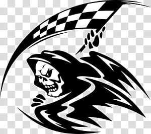 Grim reaper with checkered racing flag, stylized black-and-white tattoo art.