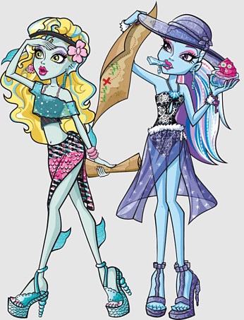 Two stylized Monster High characters in pirate-themed outfits holding a treasure map and cupcake.