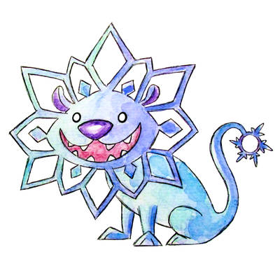 A cheerful blue lion-like creature with a geometric sunburst mane and star-tipped tail, drawn in watercolor style.