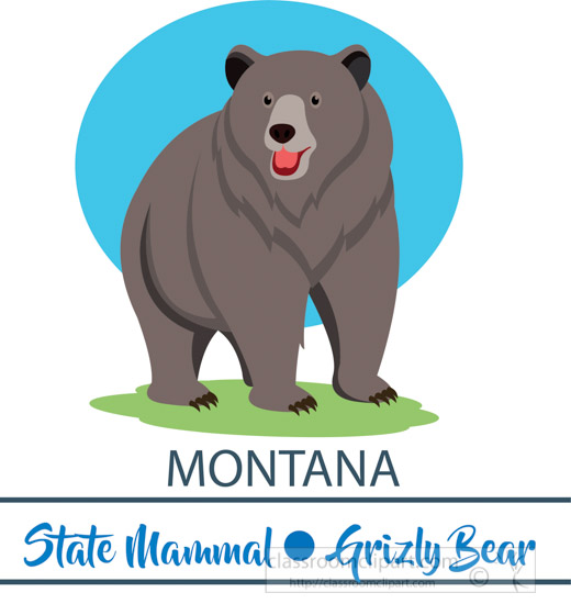 Montana state mammal, the grizzly bear, standing on grass against a blue circle background.