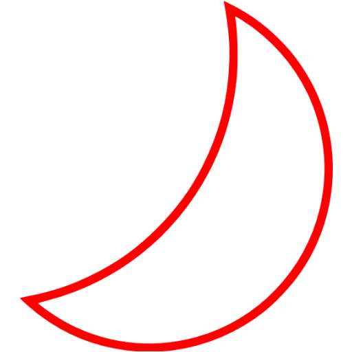 Red crescent moon outline on black background, minimalist vector icon.