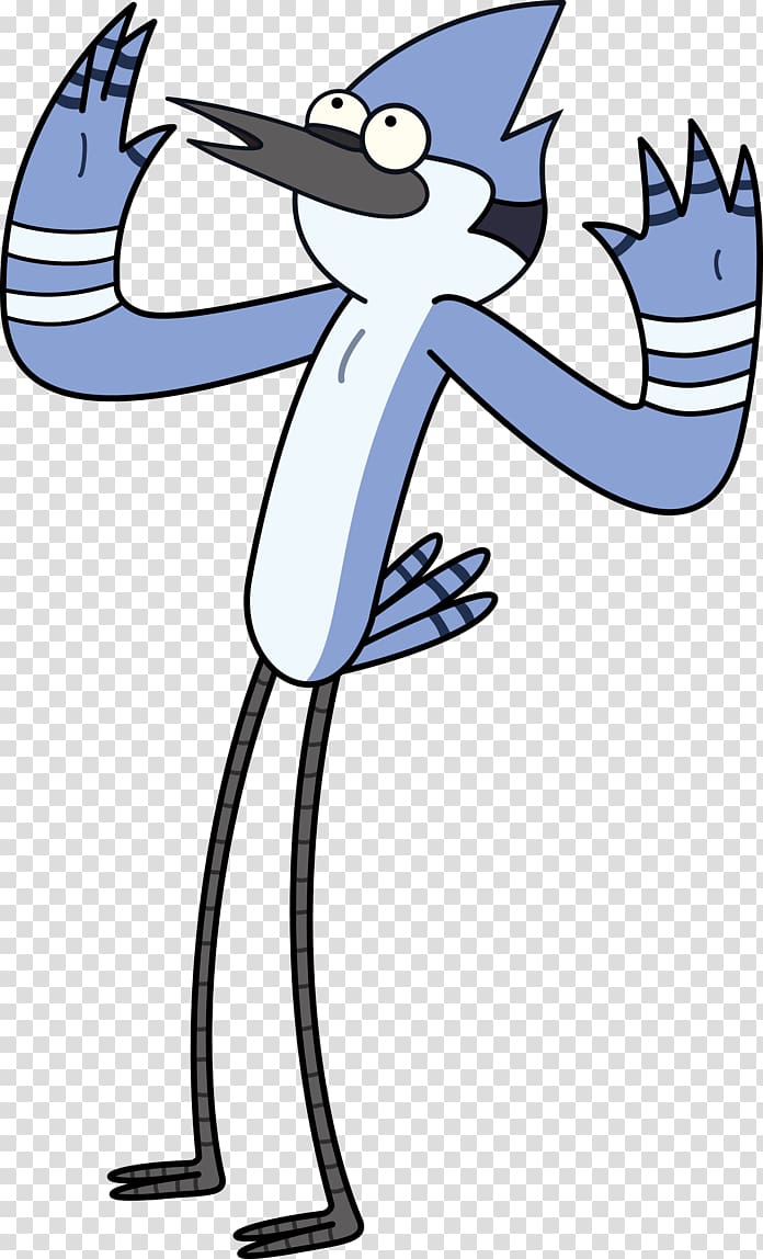 Mordecai, the blue jay character from Regular Show, standing with arms raised and surprised expression.