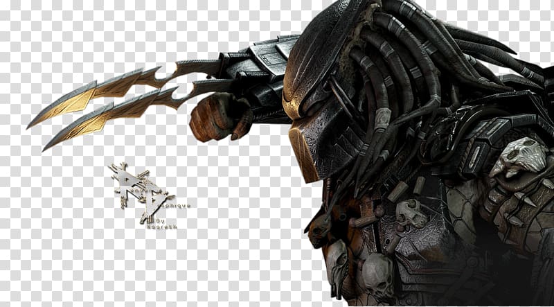 A menacing Predator warrior in detailed armor, wielding a retractable wrist blade and adorned with trophies.