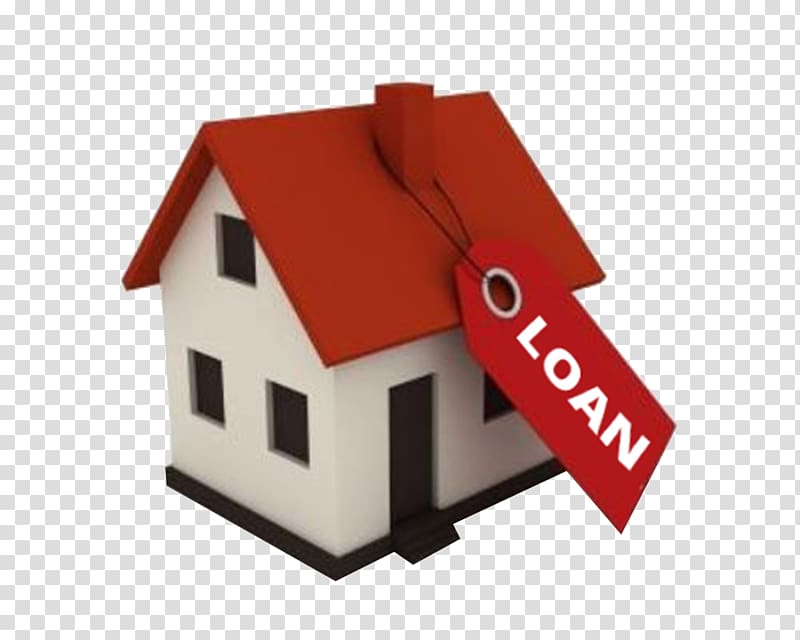 Small white house with red roof and a red "LOAN" tag hanging from the chimney, symbolizing home loans or mortgage financing.