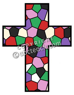 Stained-glass style Christian cross with colorful geometric mosaic pattern and black outlines.