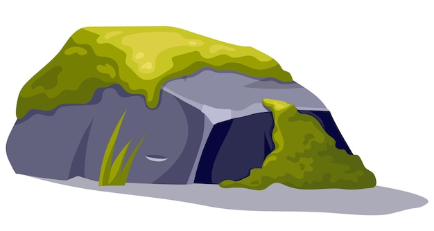 A cartoon-style gray rock with green moss and a small cave entrance, casting a shadow on white background.