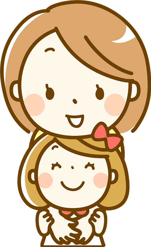 A cheerful cartoon mother hugging her smiling daughter with a pink bow in her hair.