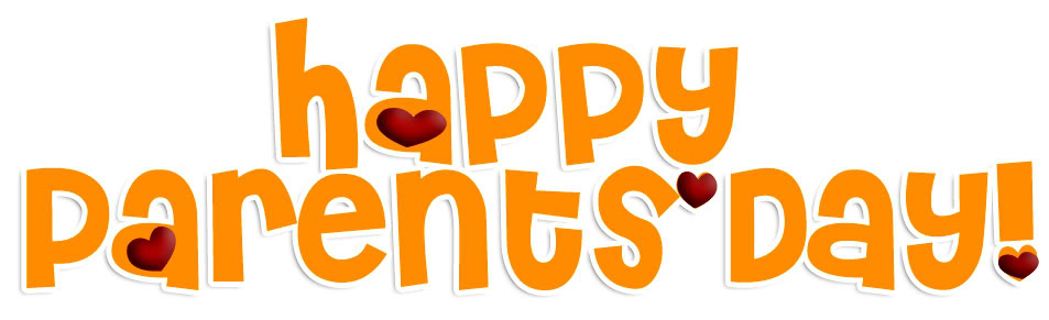 Orange "Happy Parents' Day!" text with red hearts replacing letters, festive greeting design.