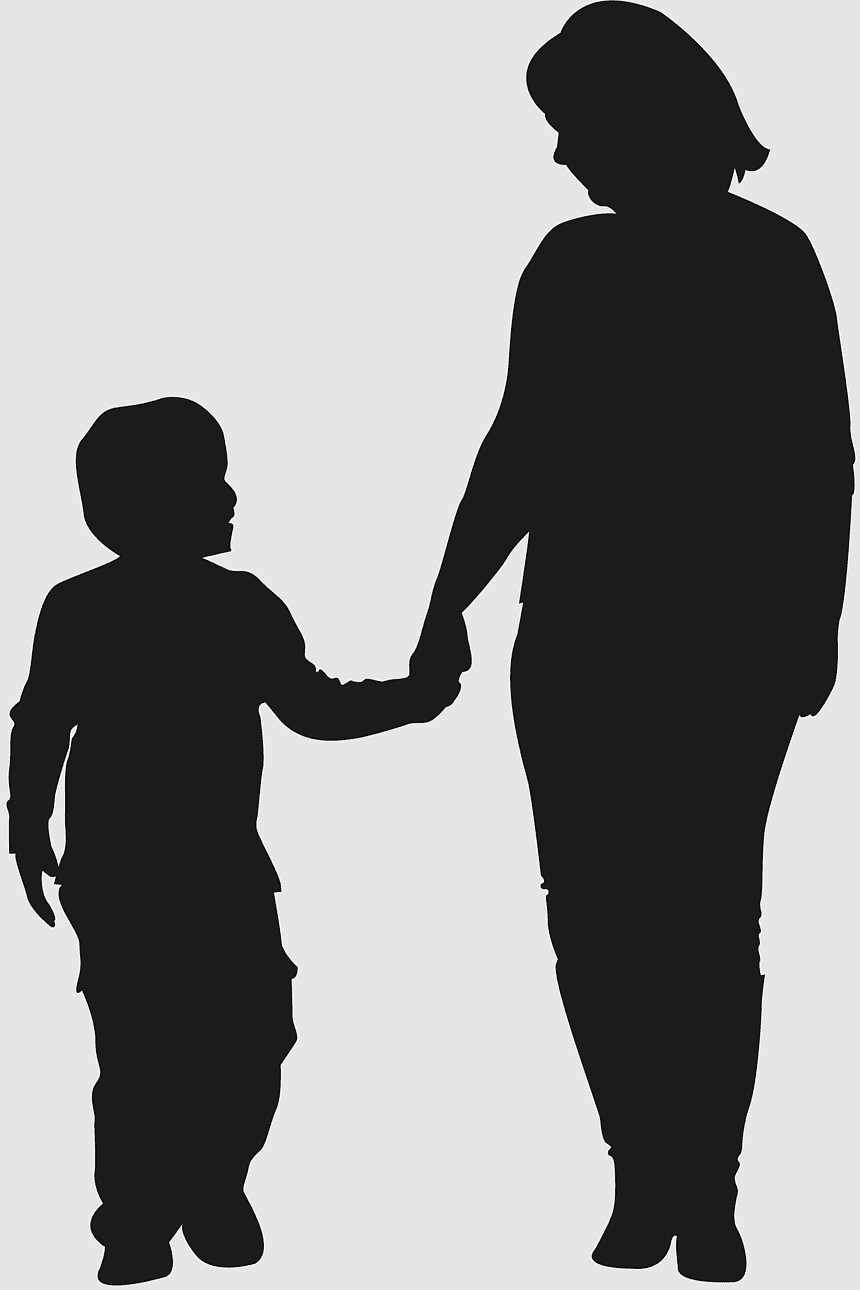Silhouette of an adult woman holding hands with a young child, walking together.