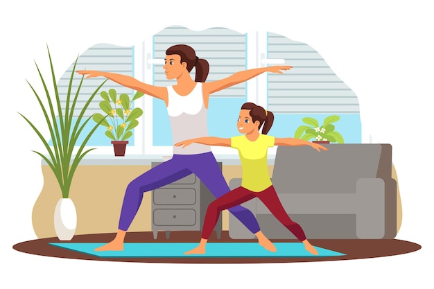 Mother and daughter practicing yoga together on a mat in a cozy living room with plants and natural light.