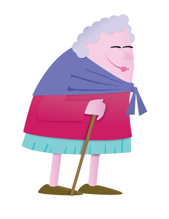 Smiling elderly woman with gray curly hair, wearing a purple shawl and pink dress, holding a wooden cane.
