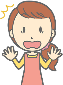 Surprised cartoon woman with open mouth and raised hands, wearing pink apron over yellow shirt.