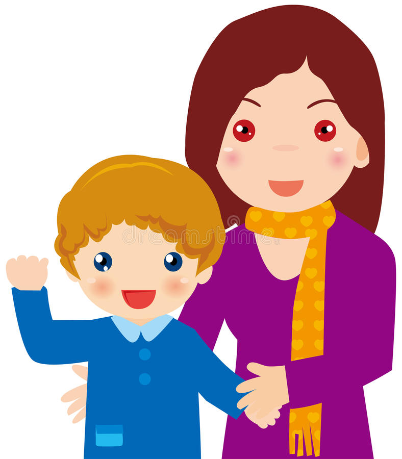 A smiling mother with brown hair and a yellow scarf stands beside her cheerful young son in a blue outfit, waving happily.
