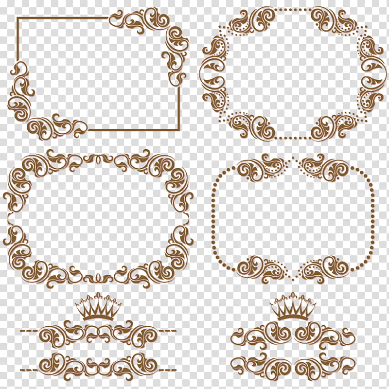 Six ornate brown decorative frames and dividers with baroque scrollwork on transparent background.