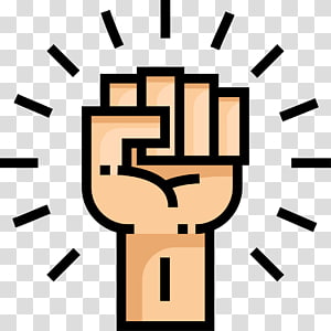 A stylized raised fist icon in beige and black, symbolizing solidarity, resistance, or empowerment, with radiating lines indicating strength.