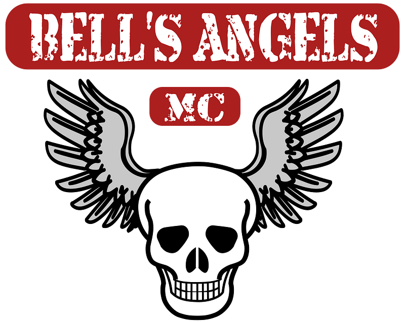 Bell's Angels MC logo featuring a winged skull beneath distressed red text on green background.