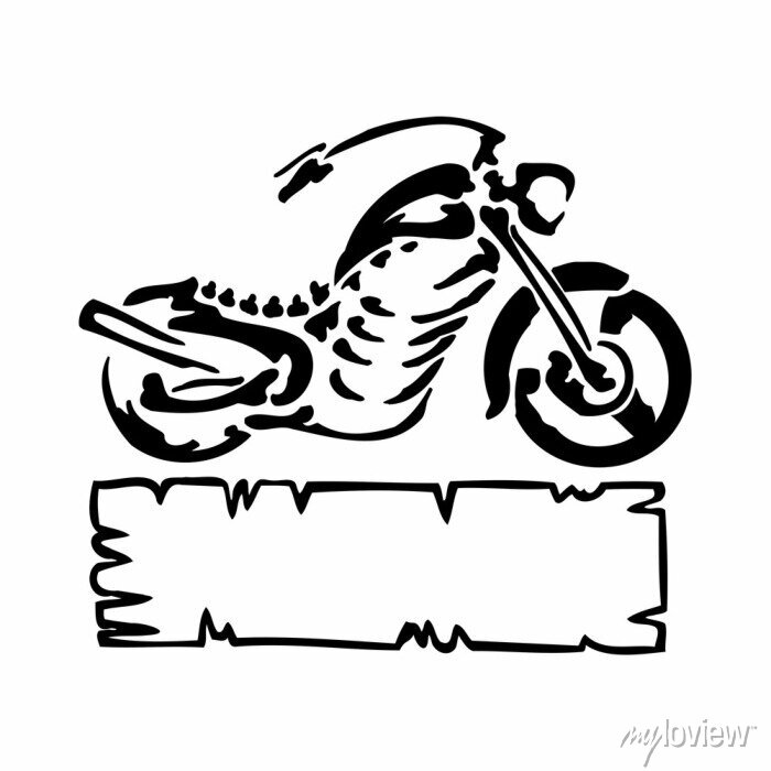 Stylized black-and-white motorcycle illustration with tribal flame patterns above a blank banner.