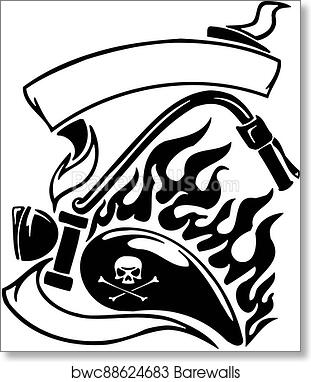 Black-and-white tattoo-style illustration of a flaming motorcycle with skull and crossbones, banner, and exhaust flames.