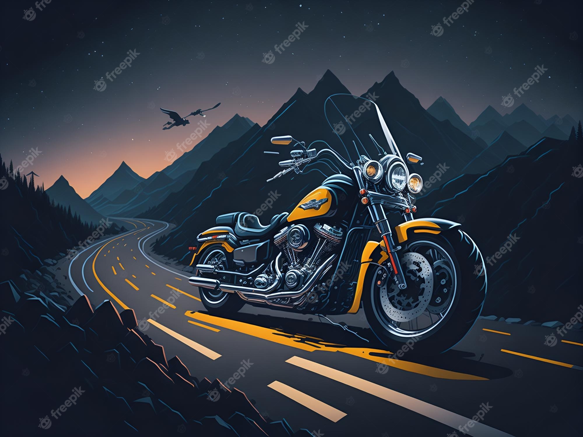 A yellow-and-black cruiser motorcycle rides a winding mountain road at dusk, with stars above and a bird in flight.